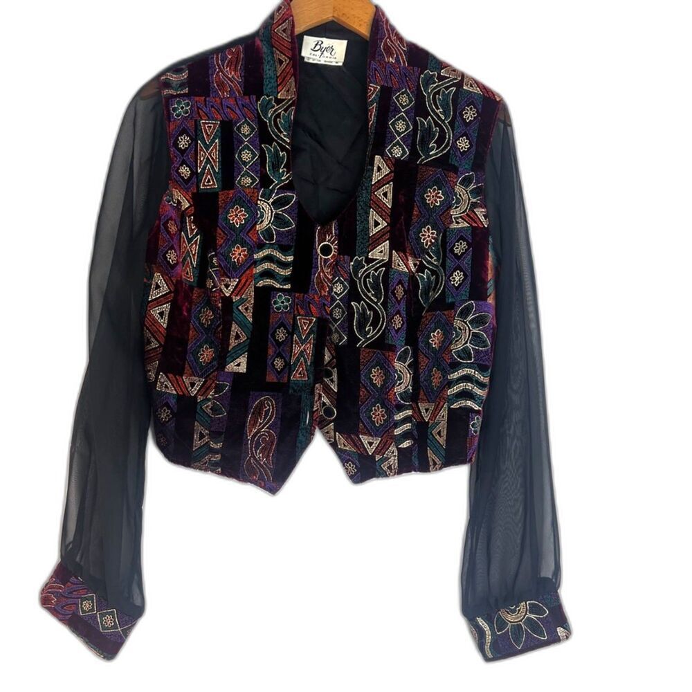 Byer California Sheer Sleeve Maximal Print Dressy Bold‎ Art To Wear Top Medium